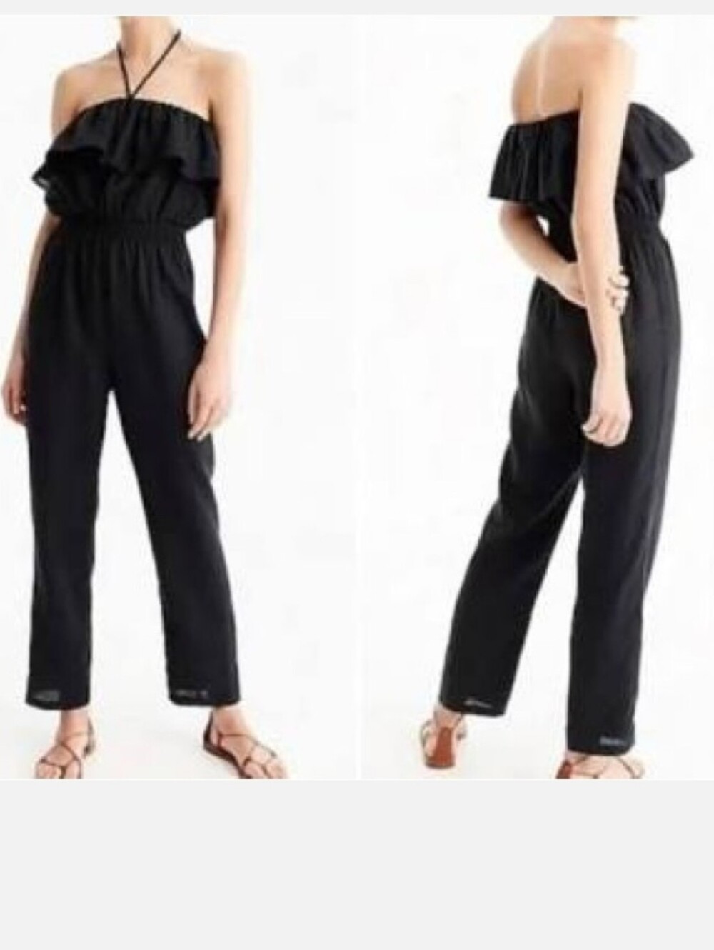 J.Crew Size S Black 100% Linen Strapless Ruffle Jumpsuit NWOT Wide Leg One Piece